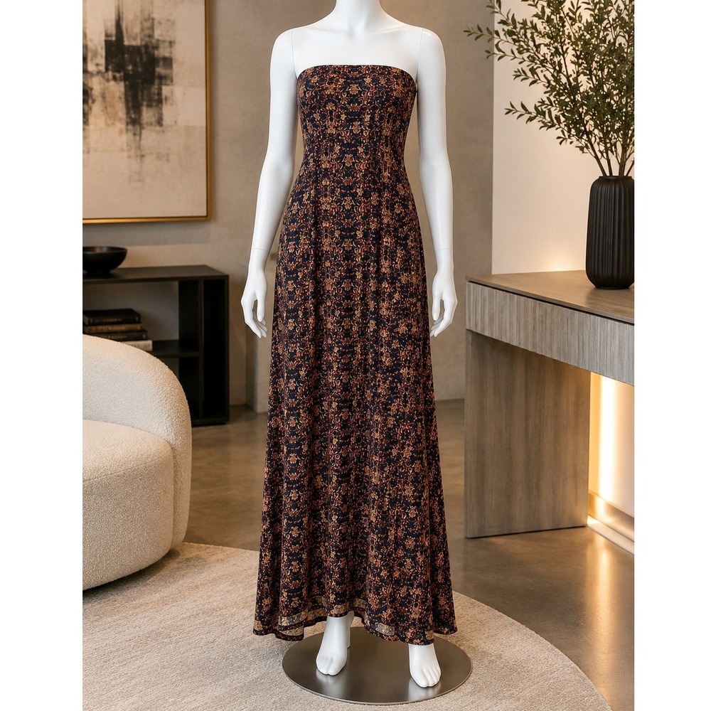 LuLaRoe Women Maxi Dress Strapless Damask Floral Print Navy Gold XXS